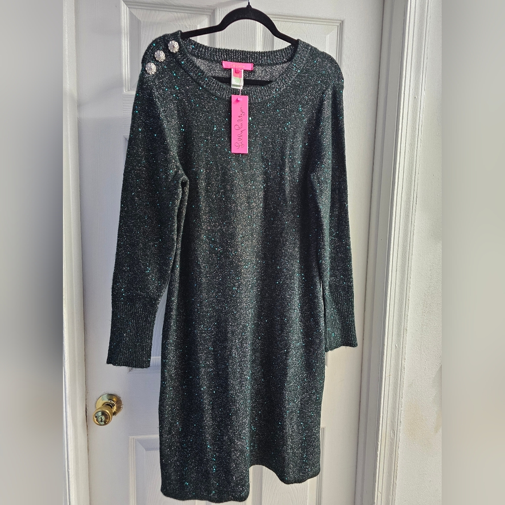 Lilly Pulitzer Morgen Sparkle Knit Sweater Dress in Evergreen Metallic XL